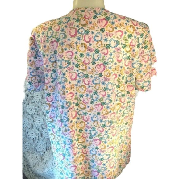 SB Scrub top Medium Pink Hearts Flowers V Neck 3 Front Pockets - Picture 2 of 9